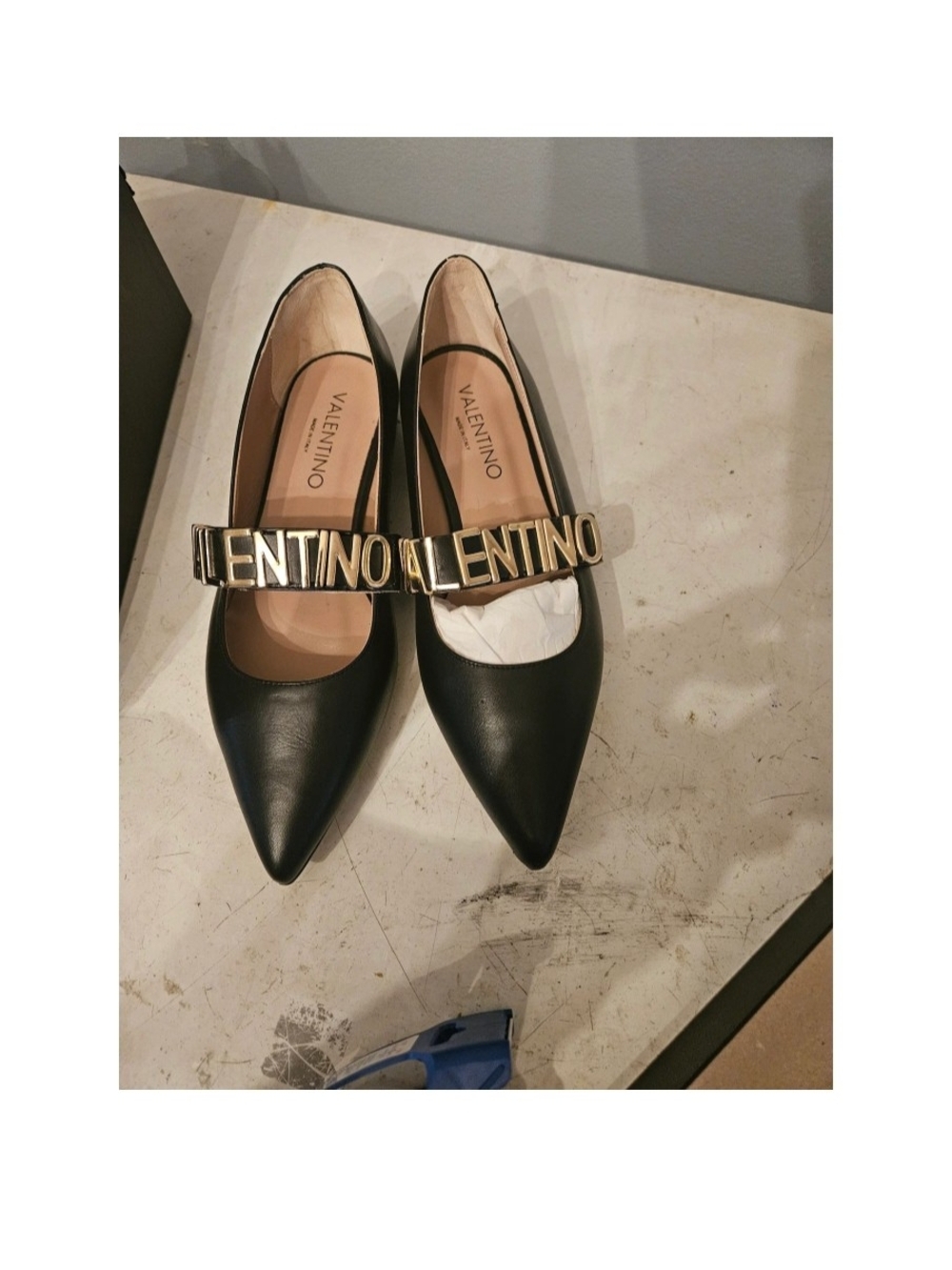 Valentino Black Pointed Leather Flats with Gold Logo Strap